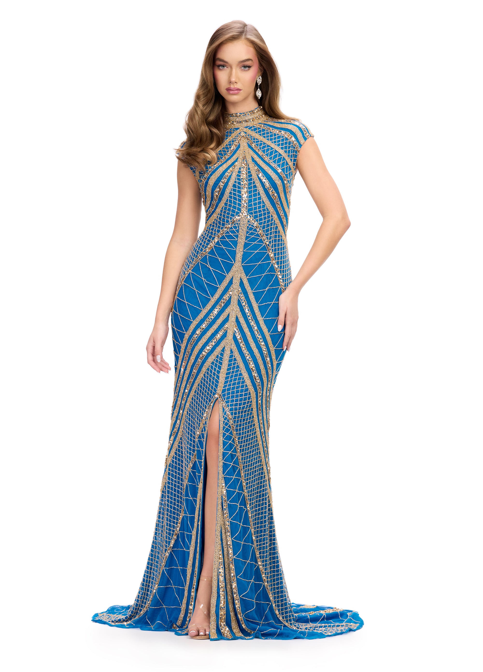 Video - Aqua and gold geometric gown with intricate beadwork, a high neckline, and cap sleeves, designed with a dramatic front slit for a striking and elegant look.