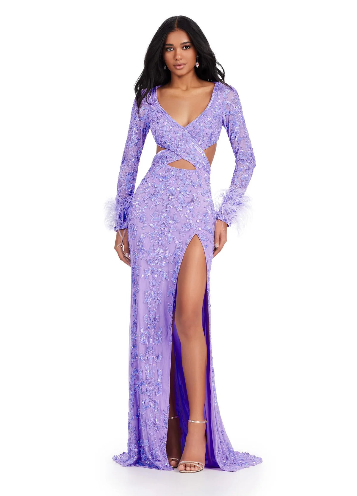 Video - Lilac gown featuring intricate embroidery, long sheer sleeves, feathered cuffs, a daring cutout waistline, and a high slit for a chic and elegant look.