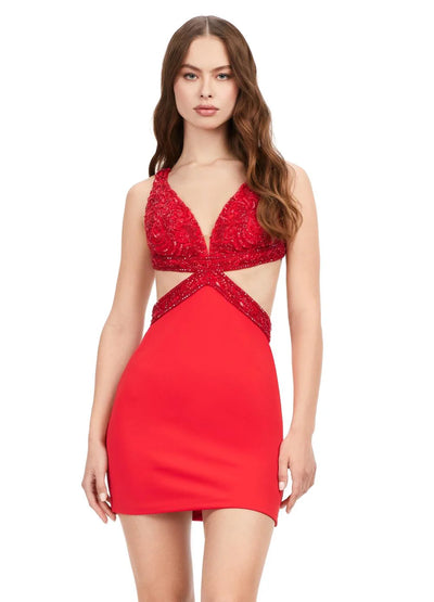 Video - Red Cut-Out Mini Dress with Beaded Bodice & Cross Over Open Back – Chic and Elegant Party Wear