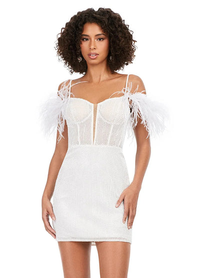 Ivory beaded off-the-shoulder, mini dress featuring feathered accents and a plunging neckline video