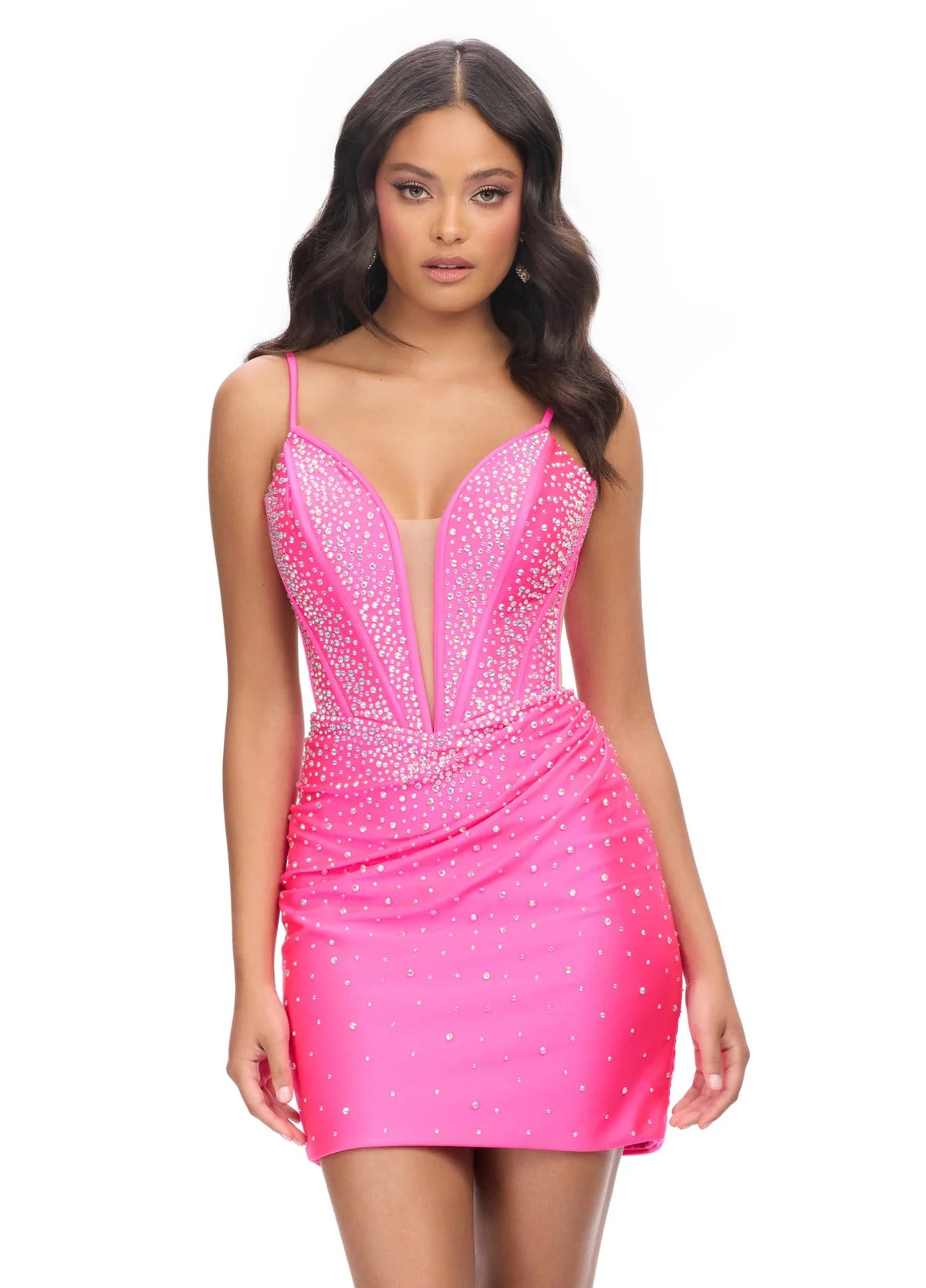 Hot pink satin mini dress featuring a deep V-neckline, slim spaghetti straps, and detailed beaded embellishments. Back View.Video.