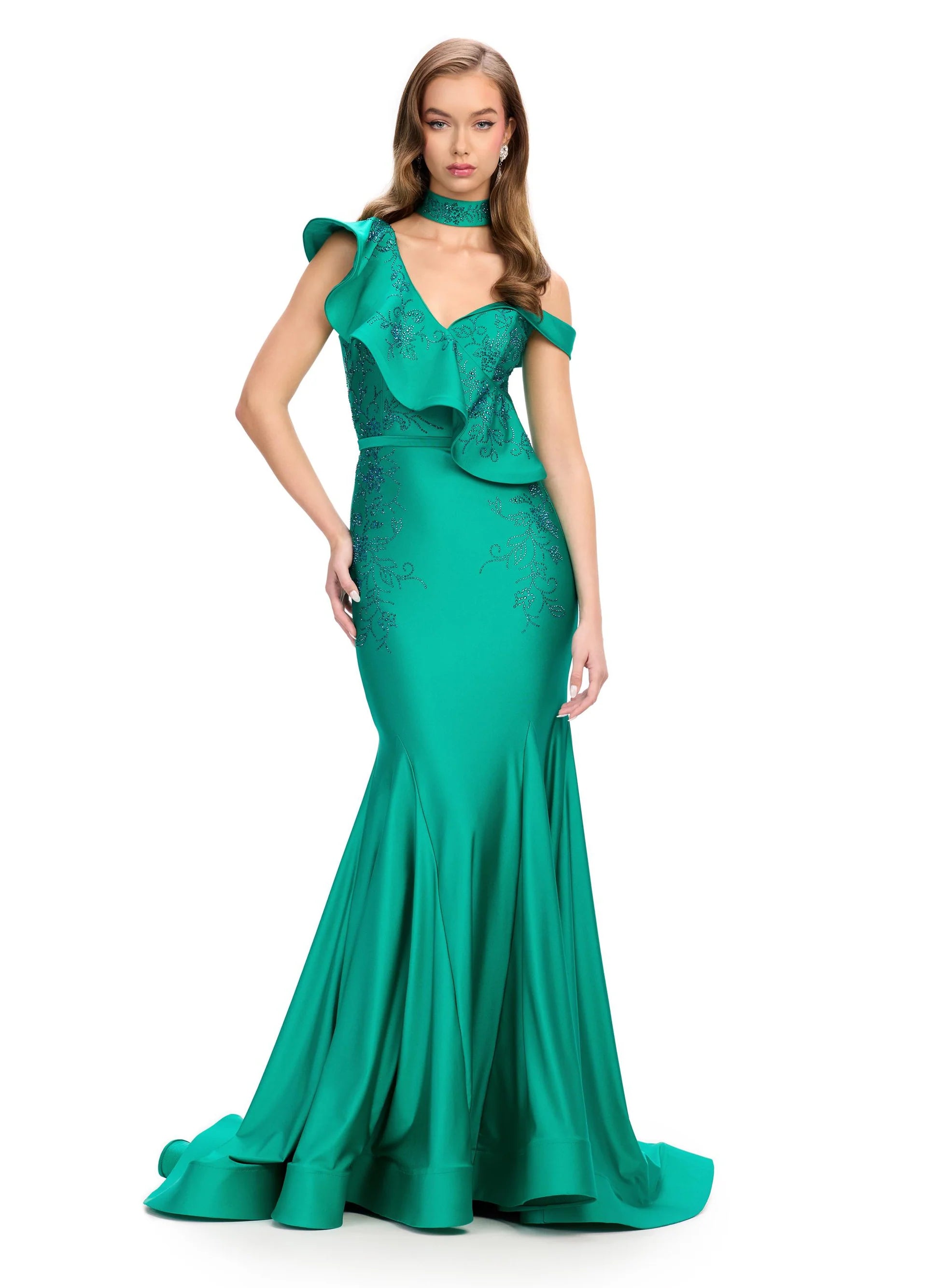 Video | Embroidered Green Mermaid Gown with Ruffle Details and Choker Neckline | Elegant Evening Dress for Formal Events