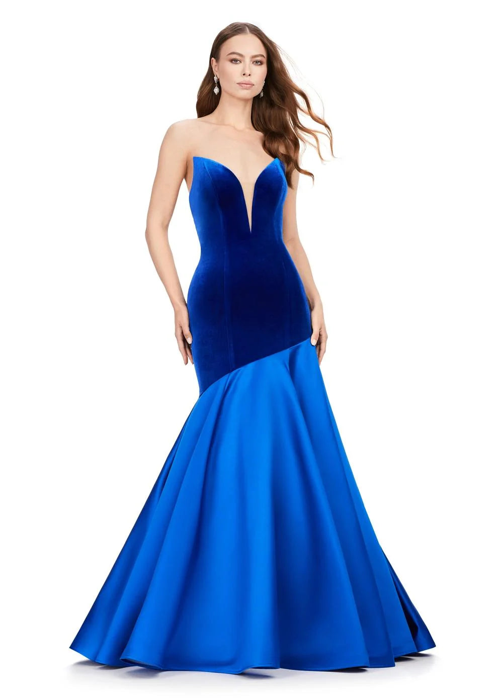 Strapless Blue Mermaid Gown with Velvet Bodice | Luxury Evening Dress for Women