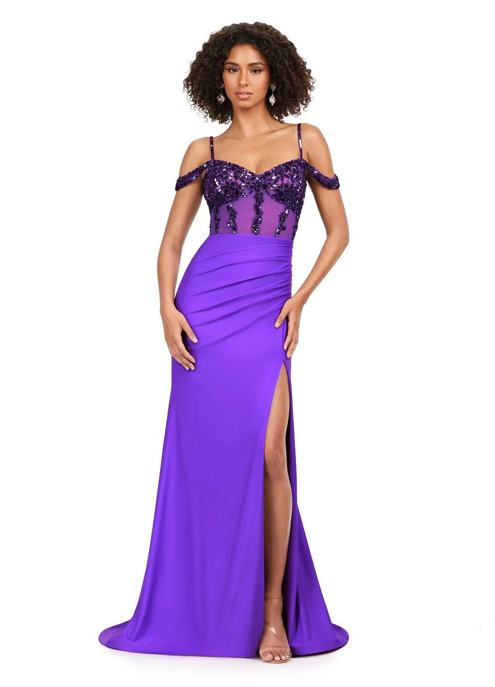 Video - Purple Off-The-Shoulder Evening Gown With Sequinned Bodice, Sheer Corset Detail, High Slit, and Floor-Length Skirt