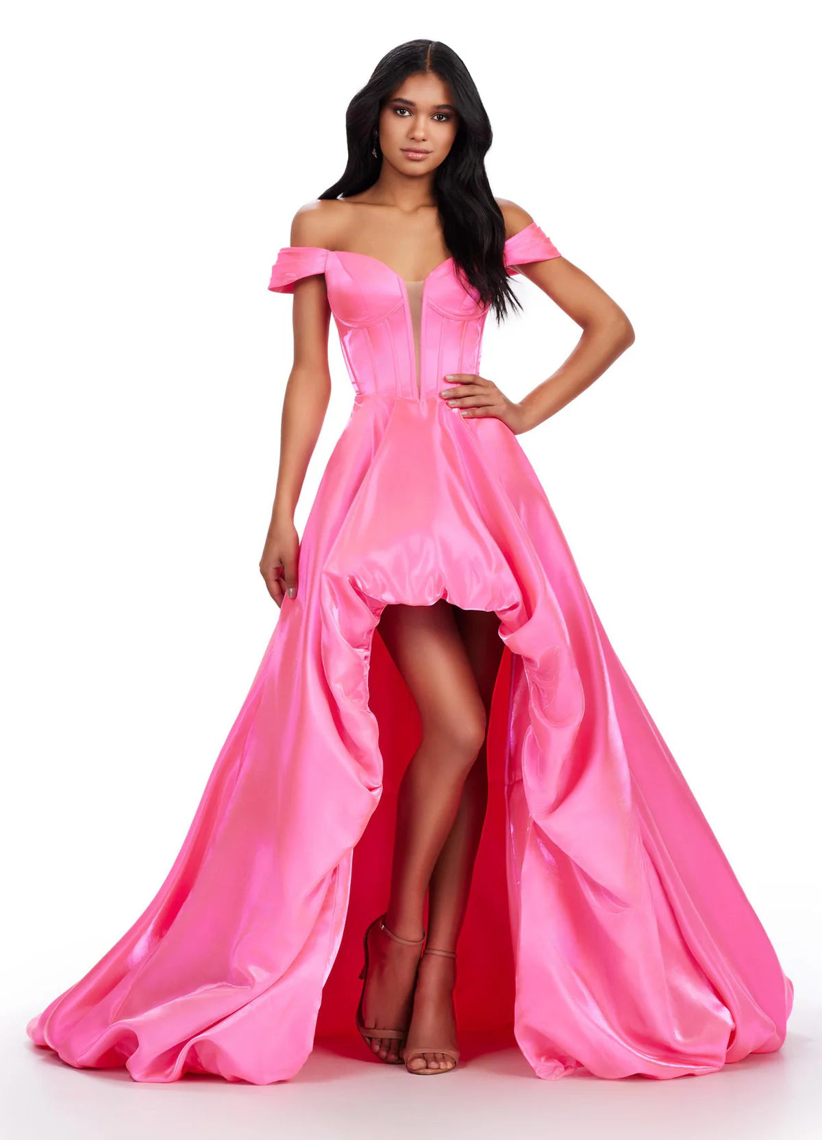 Video - Pink satin high-low gown featuring an off-the-shoulder neckline with a plunging corset bodice, a voluminous ruched skirt, and an elegant train for a dramatic and bold look.