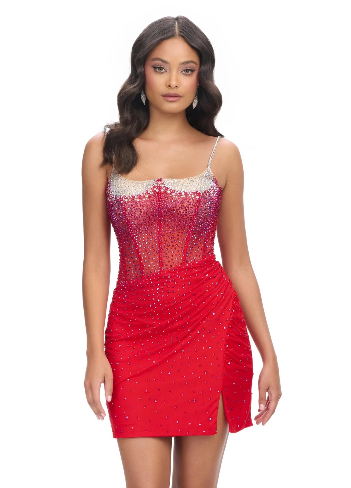 Chic red mini dress with sparkling crystal embellishments, featuring a fitted bodice with delicate straps and a flattering side slit, perfect for a glamorous evening look.