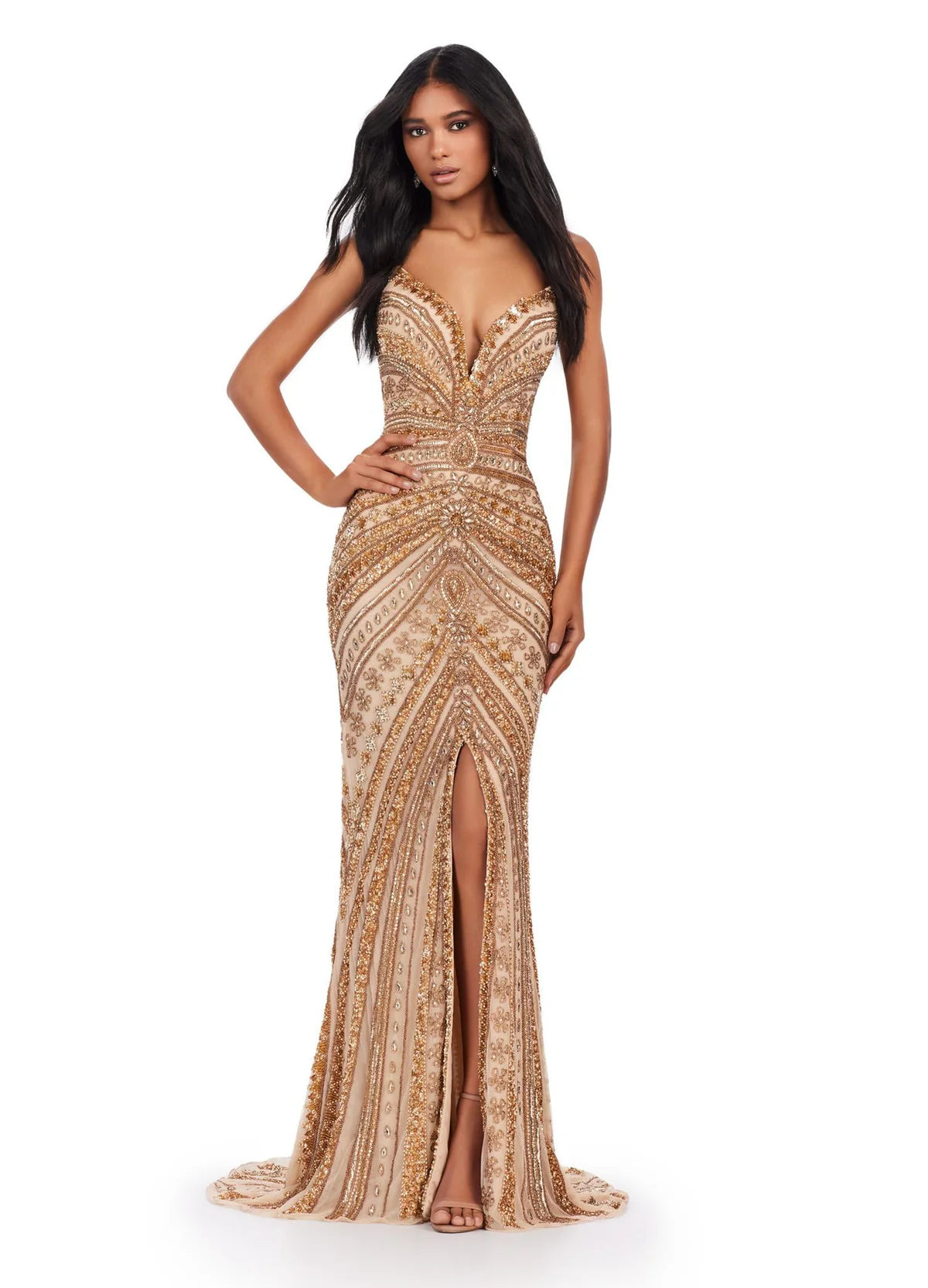 Nude Strapless Beaded Gown with Thigh-High Slit | Luxury Evening wear| Video