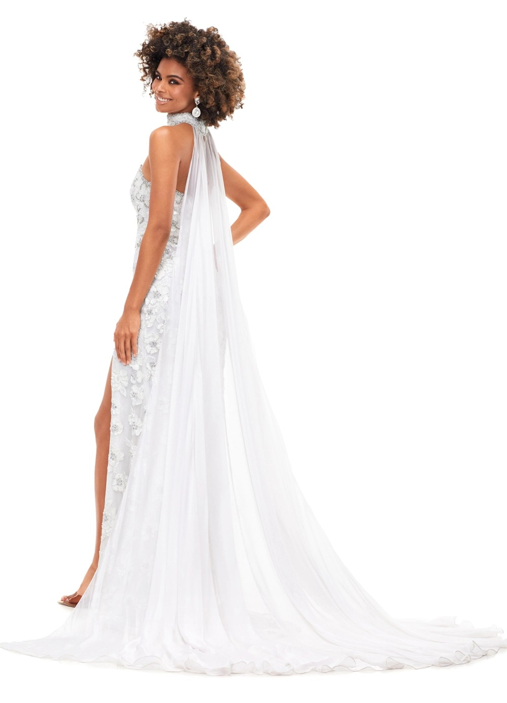 Cristal ASHLEYlauren Gown | White Strapless Sequin Gown With Slit & Cape Choker