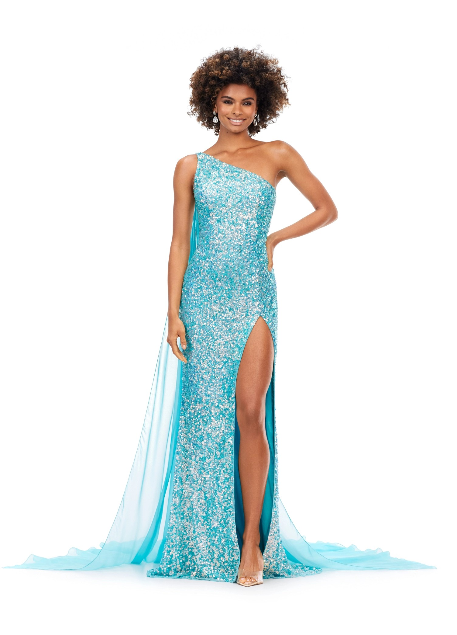 Aqua One-Shoulder Sequin Gown with Thigh-High Slit & Cape Detail | Luxury Evening Dress