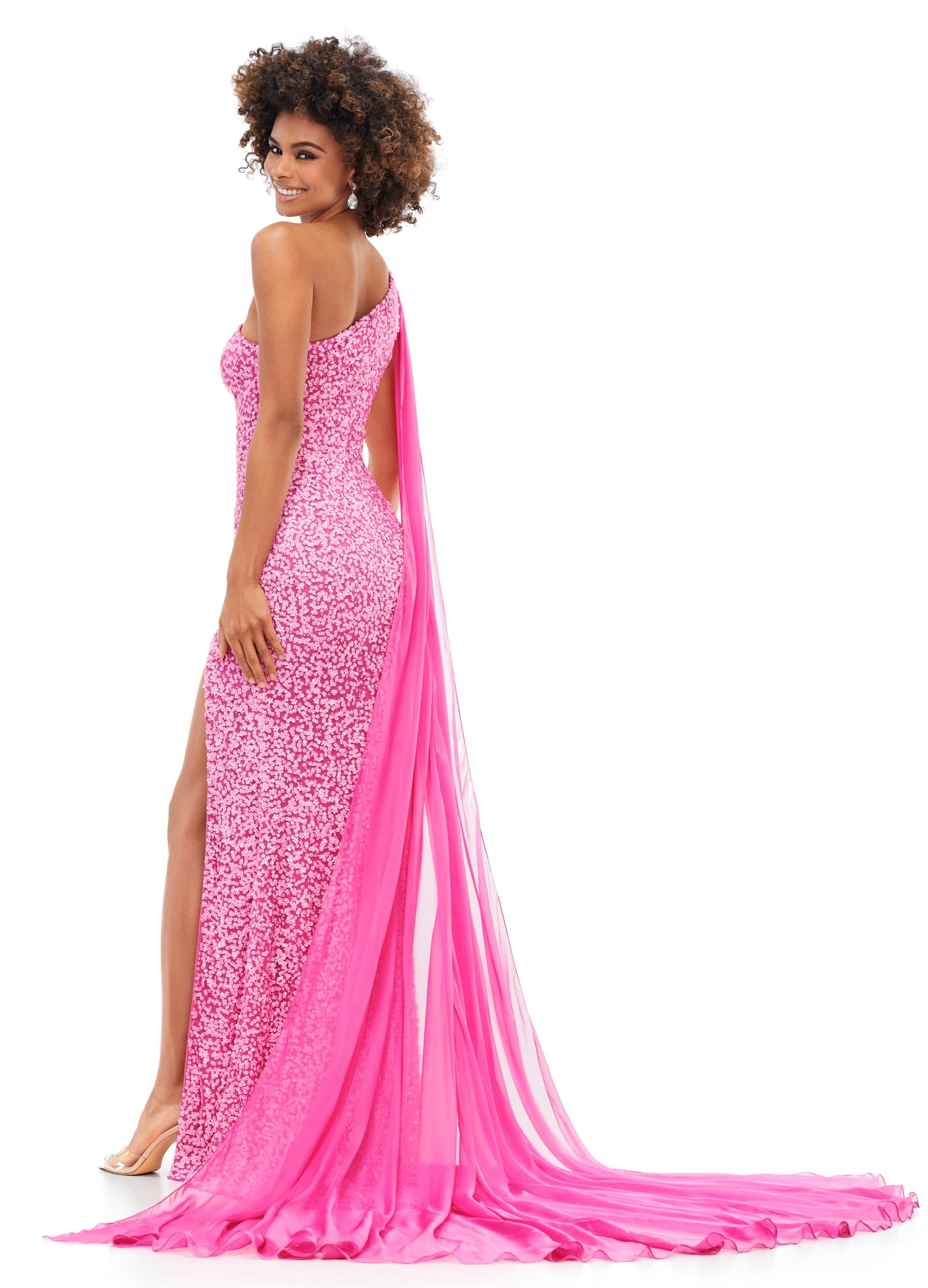 Pink One-Shoulder Sequin Gown with Thigh-High Slit & Cape Detail | Luxury Evening Dress