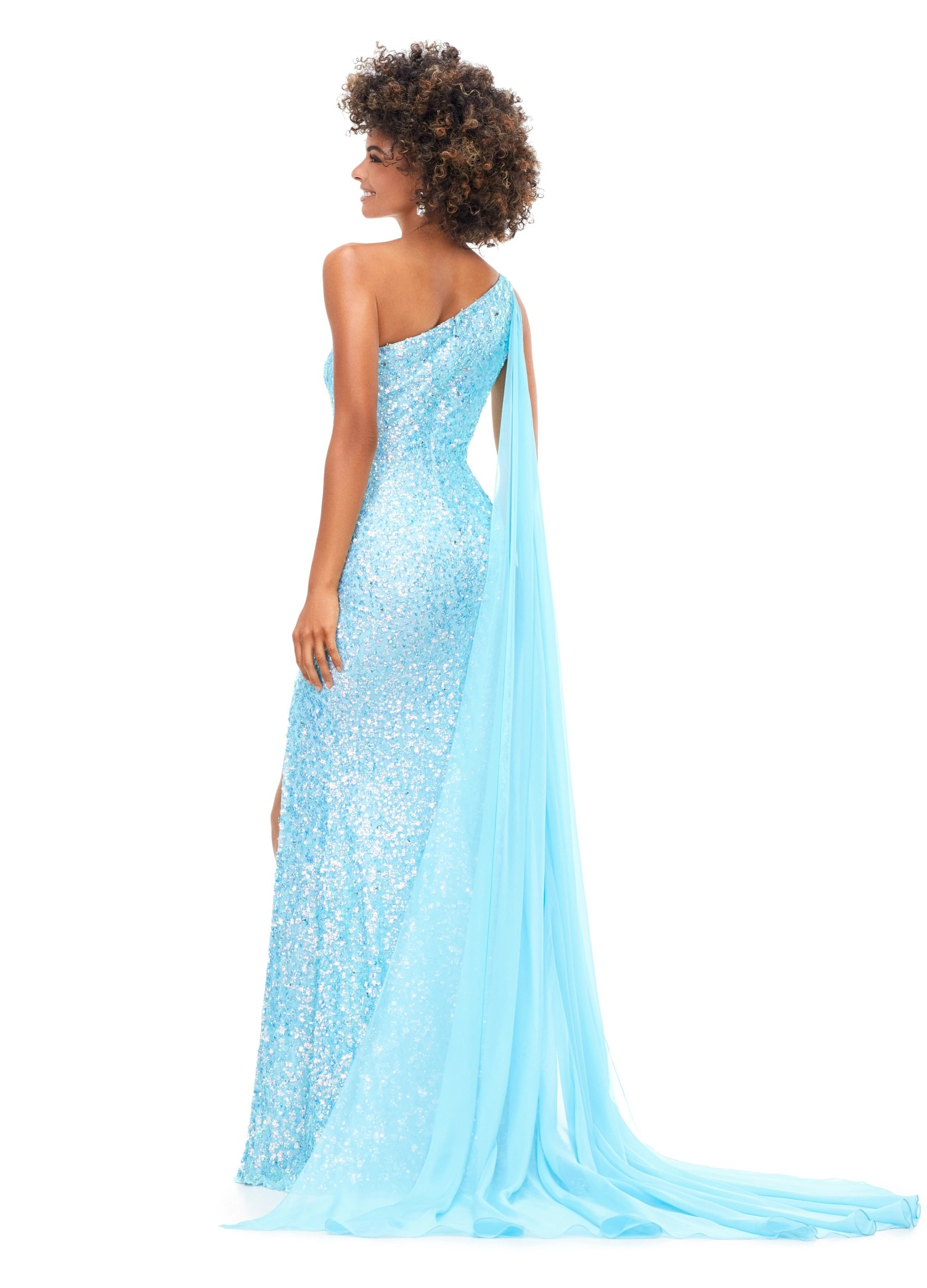 Baby Blue One-Shoulder Sequin Gown with Thigh-High Slit & Cape Detail | Luxury Evening Dress