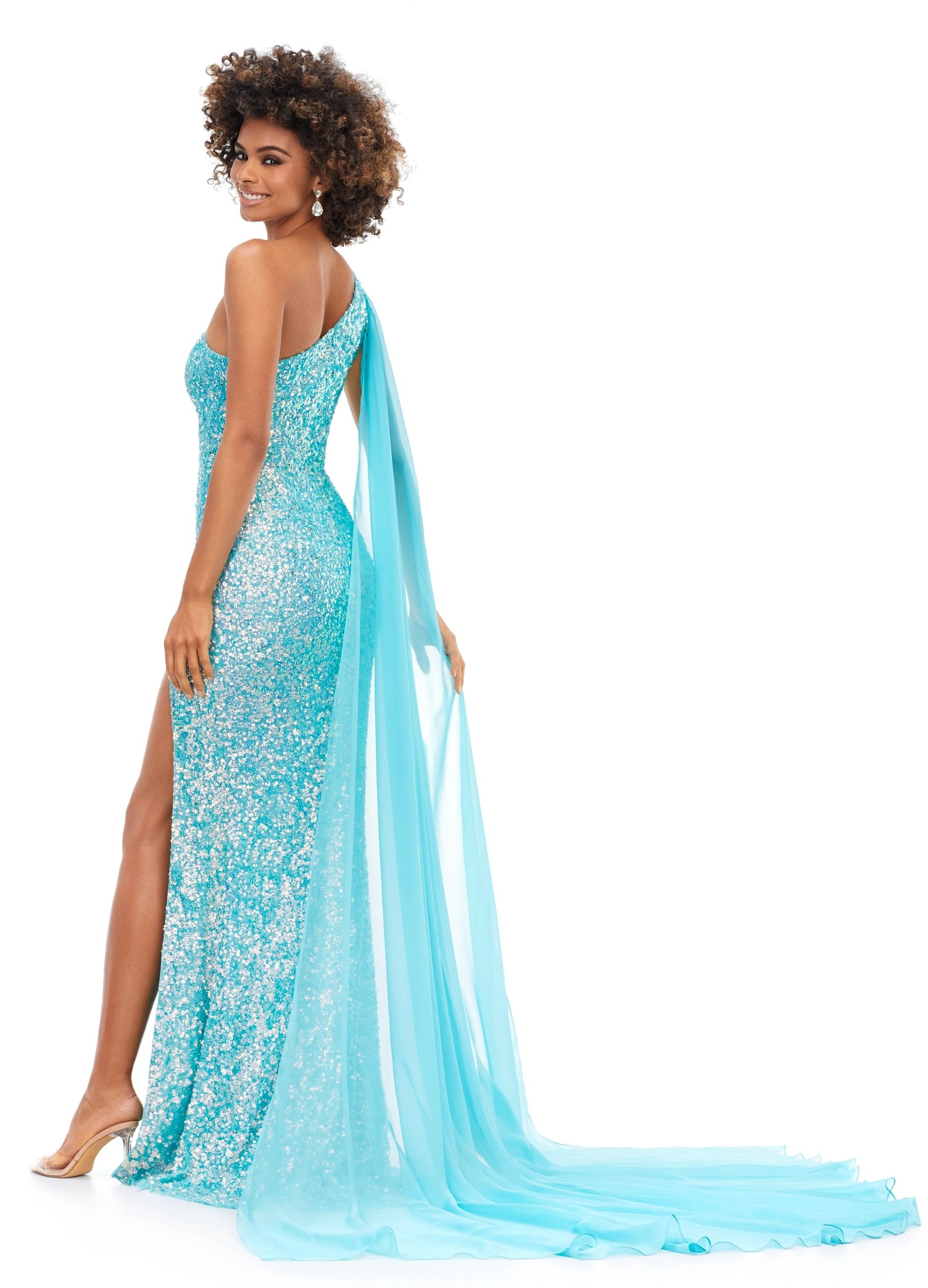 Aqua One-Shoulder Sequin Gown with Thigh-High Slit & Cape Detail | Luxury Evening Dress