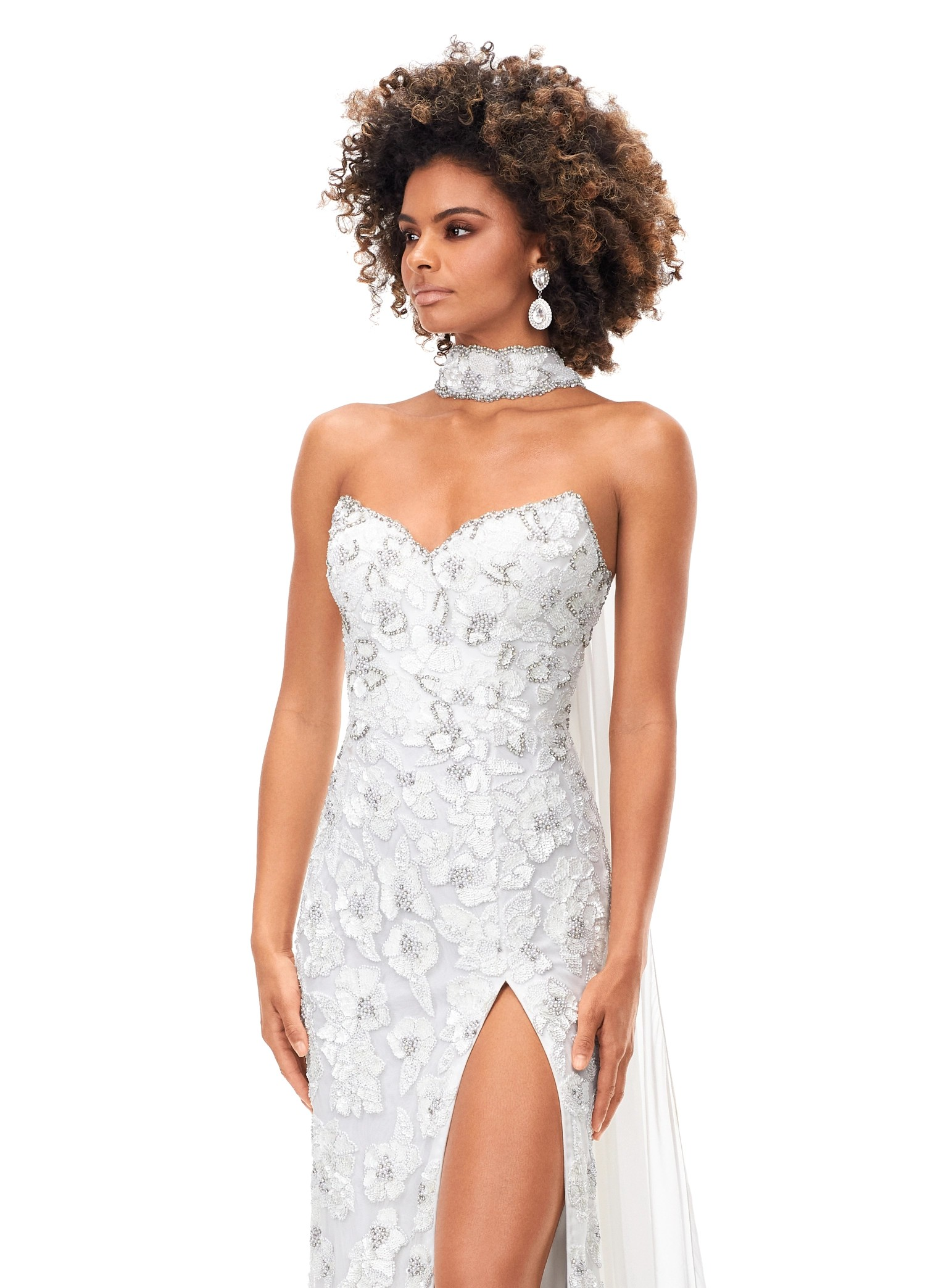 Cristal ASHLEYlauren Gown | White Strapless Sequin Gown With Slit & Cape Choker