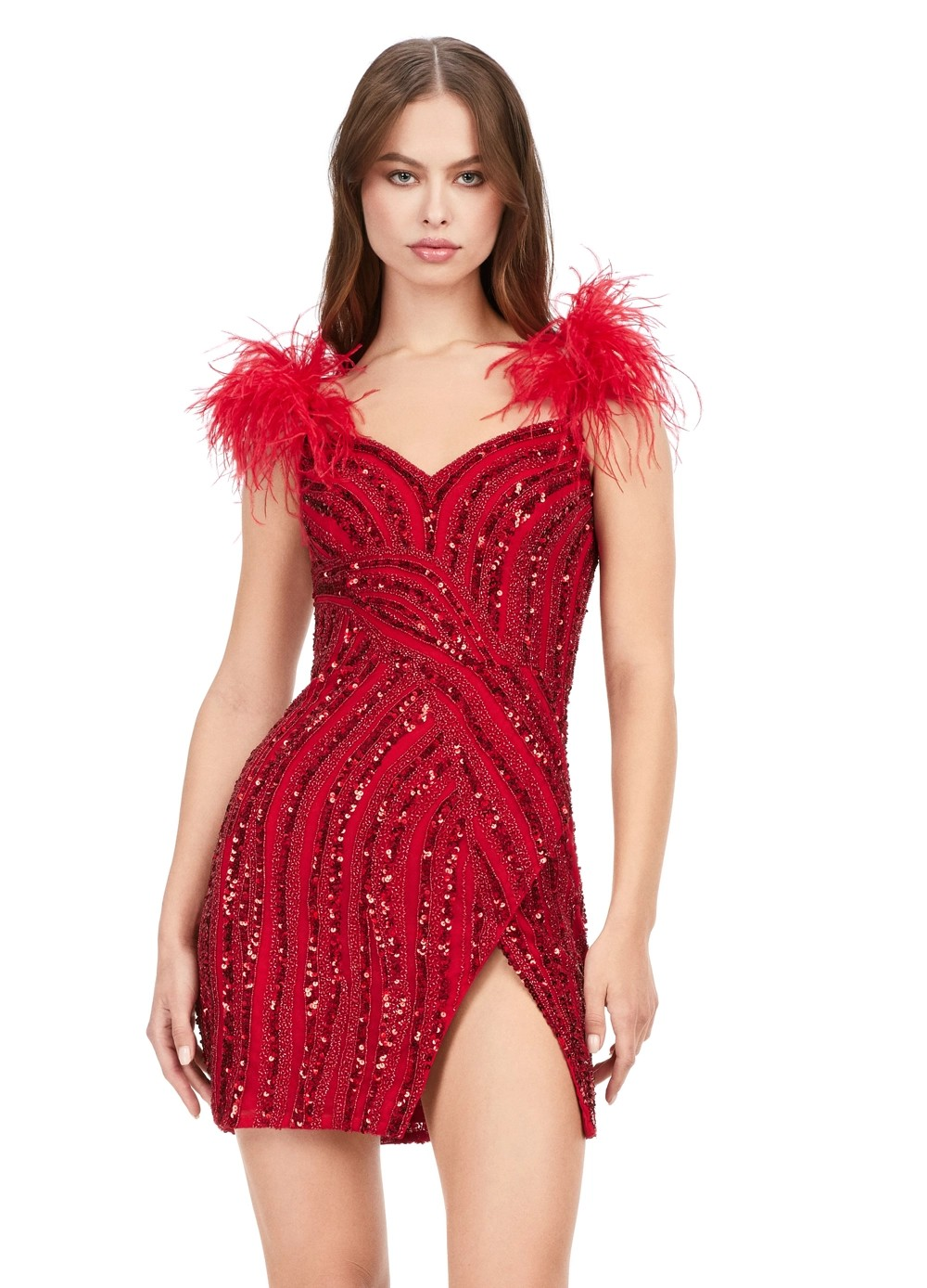 Red Sequin Mini Dress with Feather Shoulder Detail