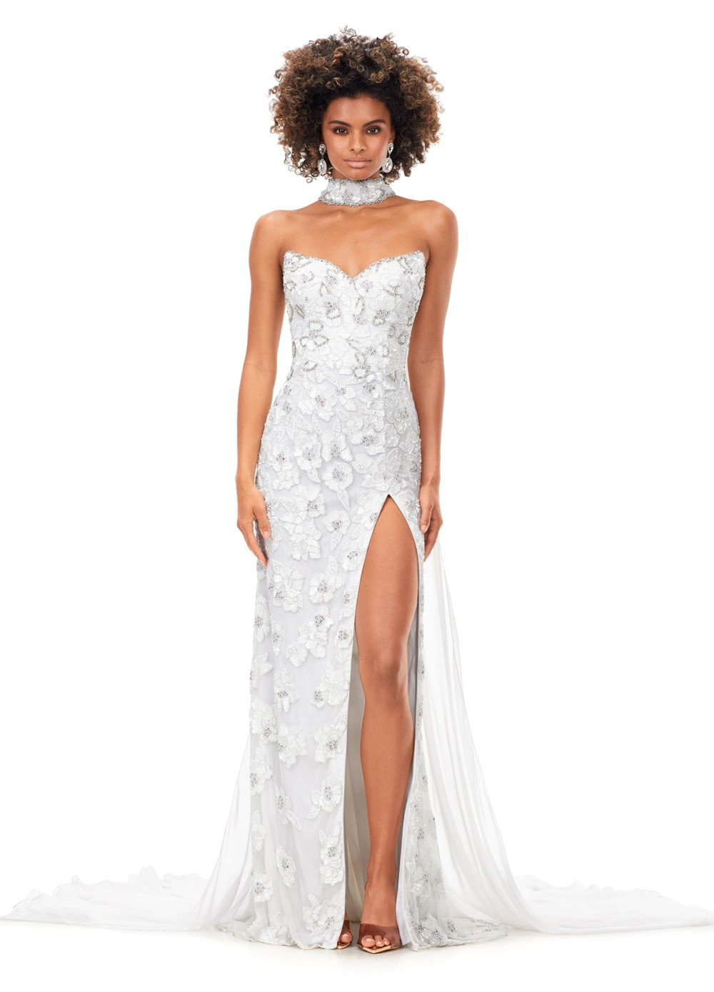 Cristal ASHLEYlauren Gown | White Strapless Sequin Gown With Slit & Cape Choker