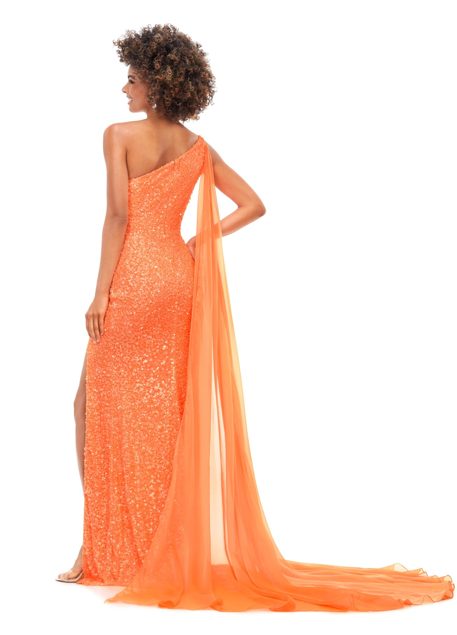 Orange One-Shoulder Sequin Gown with Thigh-High Slit & Cape Detail | Luxury Evening Dress